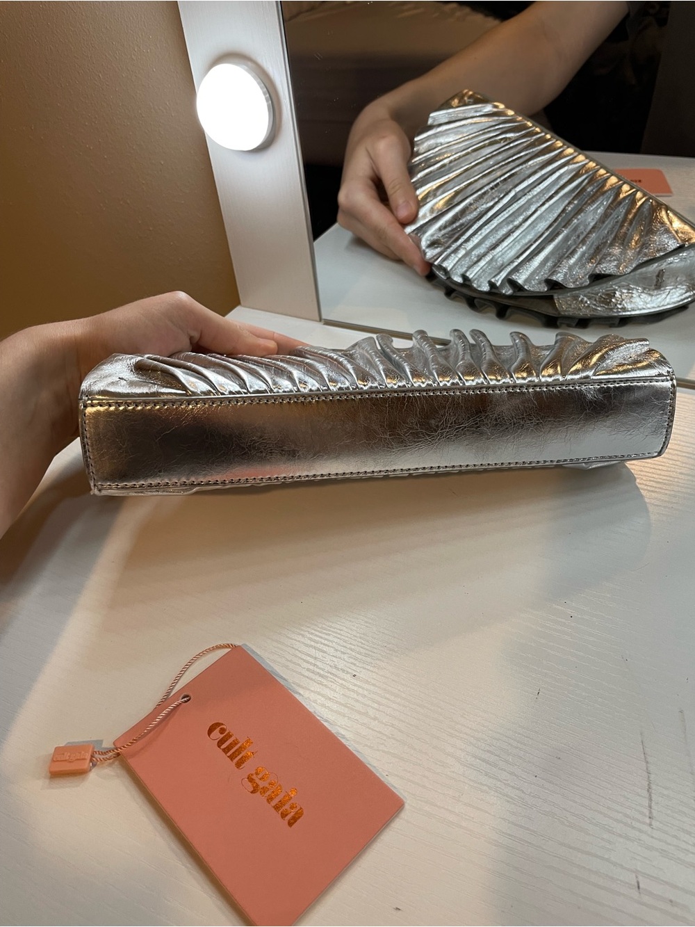 cult gaia Silver Metallic Pleated Shell Clutch - Picture 5 of 6